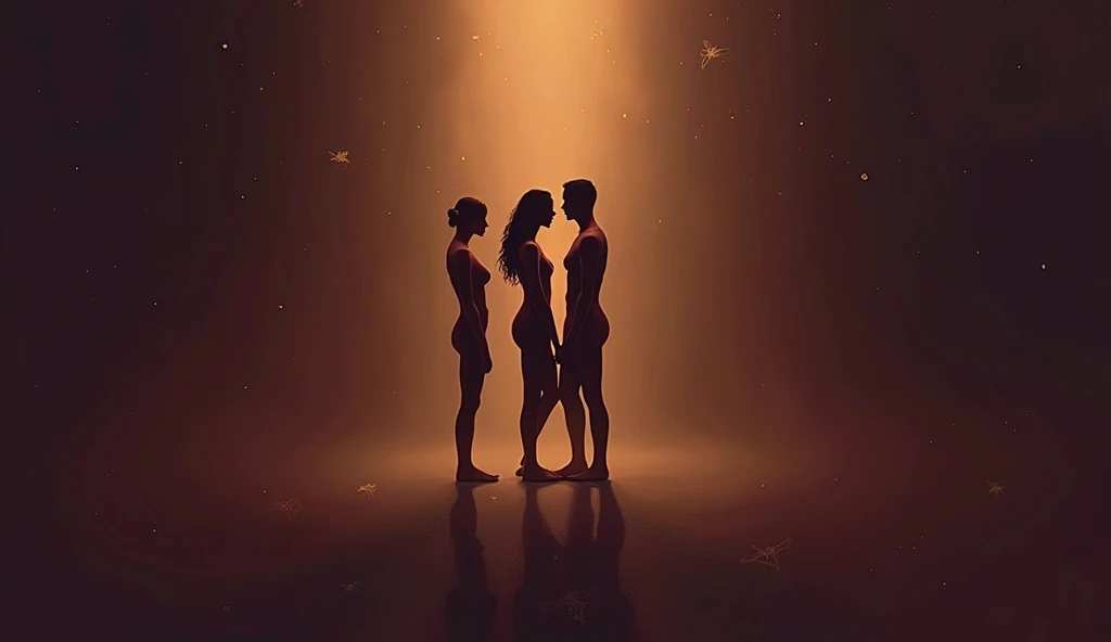 a girl is approached by 2 silhouettes of men, one of these silhouettes stretches her panties over her head in a, and another one in front of her twisting her nipples.