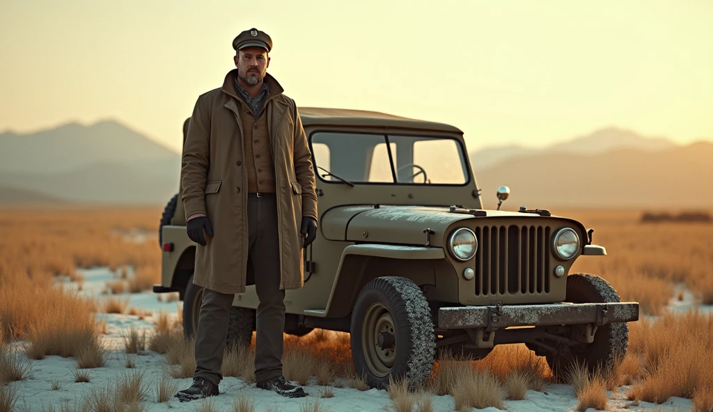 A rugged man wearing a winter suit and a sailor's cap stands confidently in a grassy field during the seasonal transition from snow to spring. He holds a double-barrel shotgun at his side. Next to him is a slightly weathered Willys Jeep, hinting at past adventures. The landscape is a mix of melting snow patches and fresh green grass under a soft golden light. The composition is landscape-oriented, with the man and the jeep placed at the golden ratio point of interest, emphasizing balance and harmony in the frame. The atmosphere is cinematic, with subtle details showing the changing season and a quiet tension in the air.