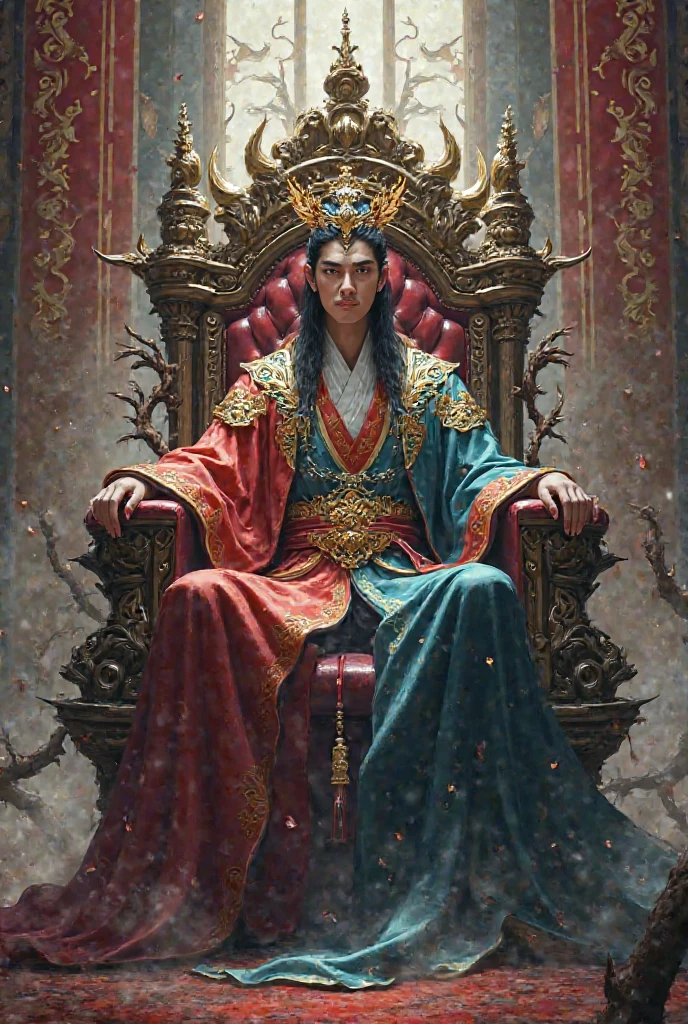 Shen Qingqiu sitting on the throne of thorns with a crown on his head 