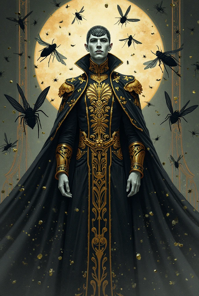 Vampire with flies surrounding him, and gold and noble clothes, anime style 