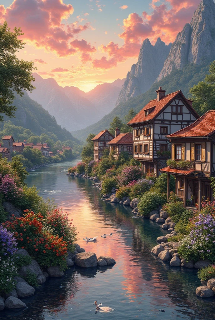 A small town by the river, mountains in the background, colorful floral flowers, detailed landscape, beautiful natural landscapes, atmospheric lighting, scorching sunset, warm colors, practical, photographic, detailed foliage, complex buildings, cobblestone street, charming country house, vibrant colors, lush vegetation, reflections in the water,  picturesque, idyllic, artwork, photos, 8K, extremely detailed, anime style