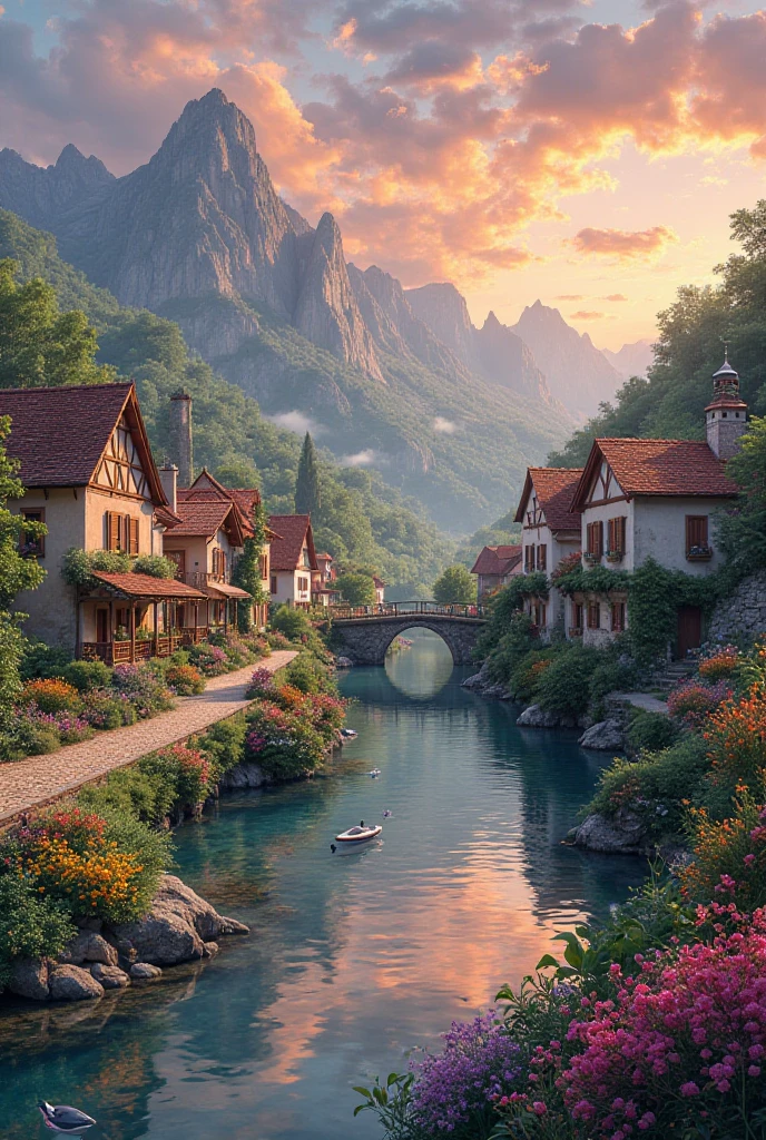 A small town by the river, mountains in the background, colorful floral flowers, detailed landscape, beautiful natural landscapes, atmospheric lighting, scorching sunset, warm colors, practical, photographic, detailed foliage, complex buildings, cobblestone street, charming country house, vibrant colors, lush vegetation, reflections in the water,  picturesque, idyllic, artwork, photos, 8K, extremely detailed, anime style