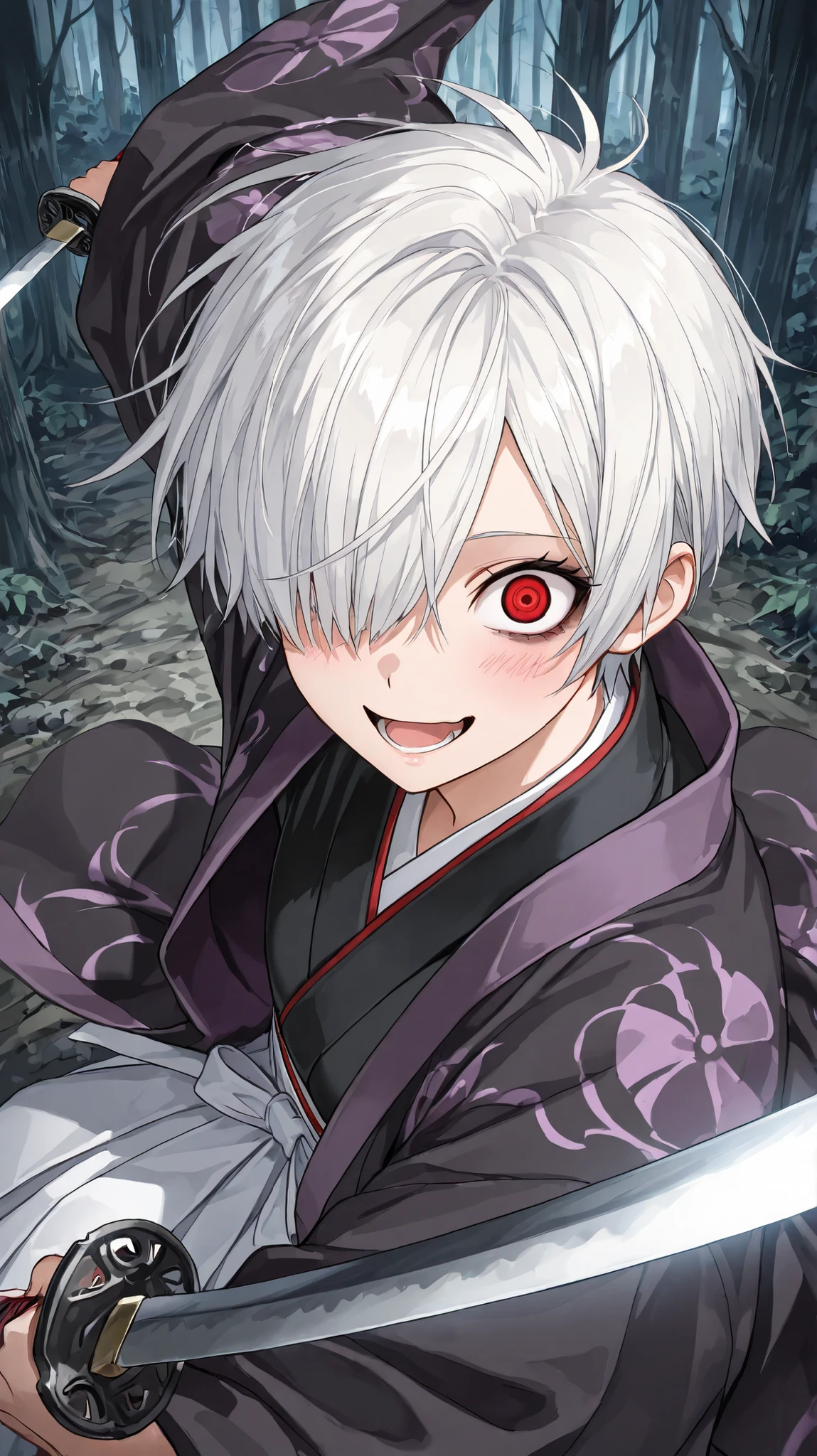 samurai ,
High quality , best quality , masterpiece, High Resolution , anatomically correct,anime Coloring
1girl,solo, Cool woman, handsome woman, beauty in men's clothing
white hair,very short hair, handsome hair,spiked hair,,red eyes, hair over one eye,covered one eye(hair over one eye), dark circles under the eyes
,black kimono,white hakama,purple haori(long sleeve), sleeves past fingers,
, blade, holding Katana,
looking at viewer , close-up,upper body,from above,
, Forest
, expressionless,crazy eyes,smile,blush,open mouth
spread arms