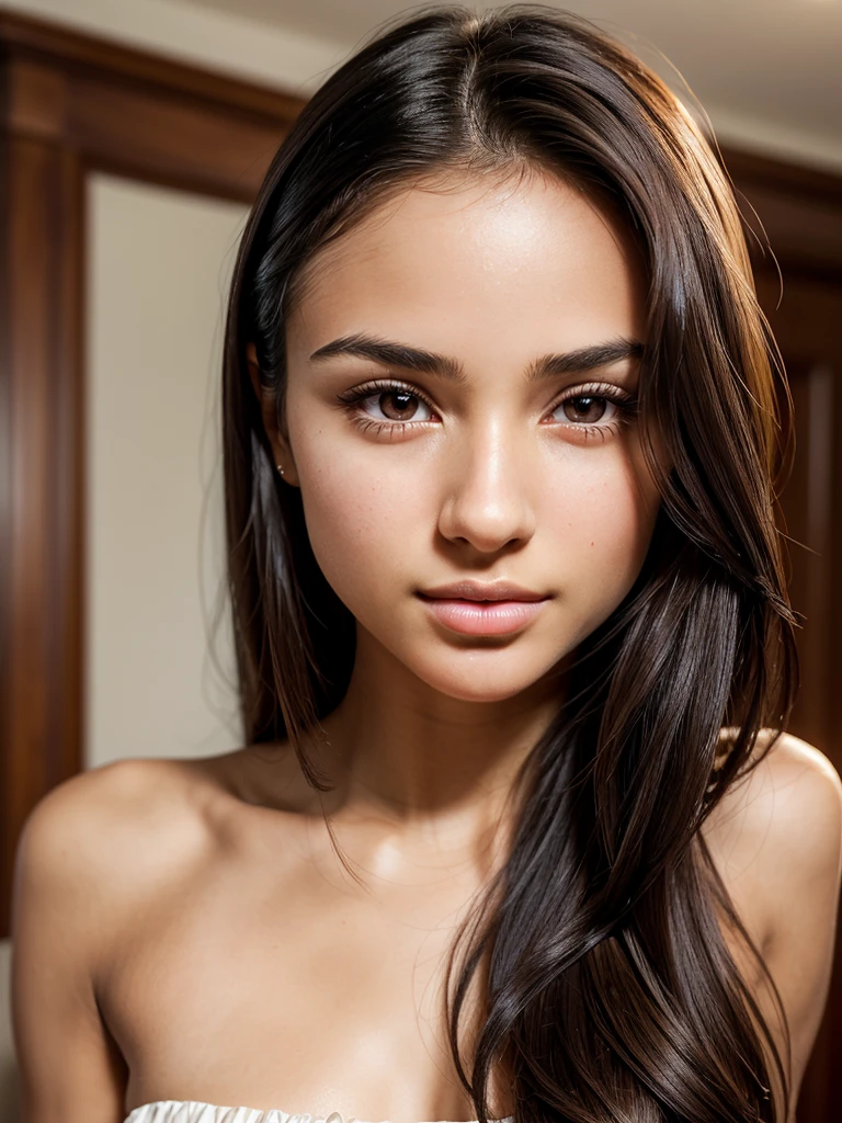 masterpiece, light makeup, messy long hair, super fine details, authentic texture, cinematic lighting realism, 16K, exquisite features, blue eyes, Beautiful Face, glamorous, ????? nipples, shiny skin, tanned skin, Black glowing skin, sexy camisole, T-back, bright big eyes, smooth skin, ((Dark background)), pony tail, bangs