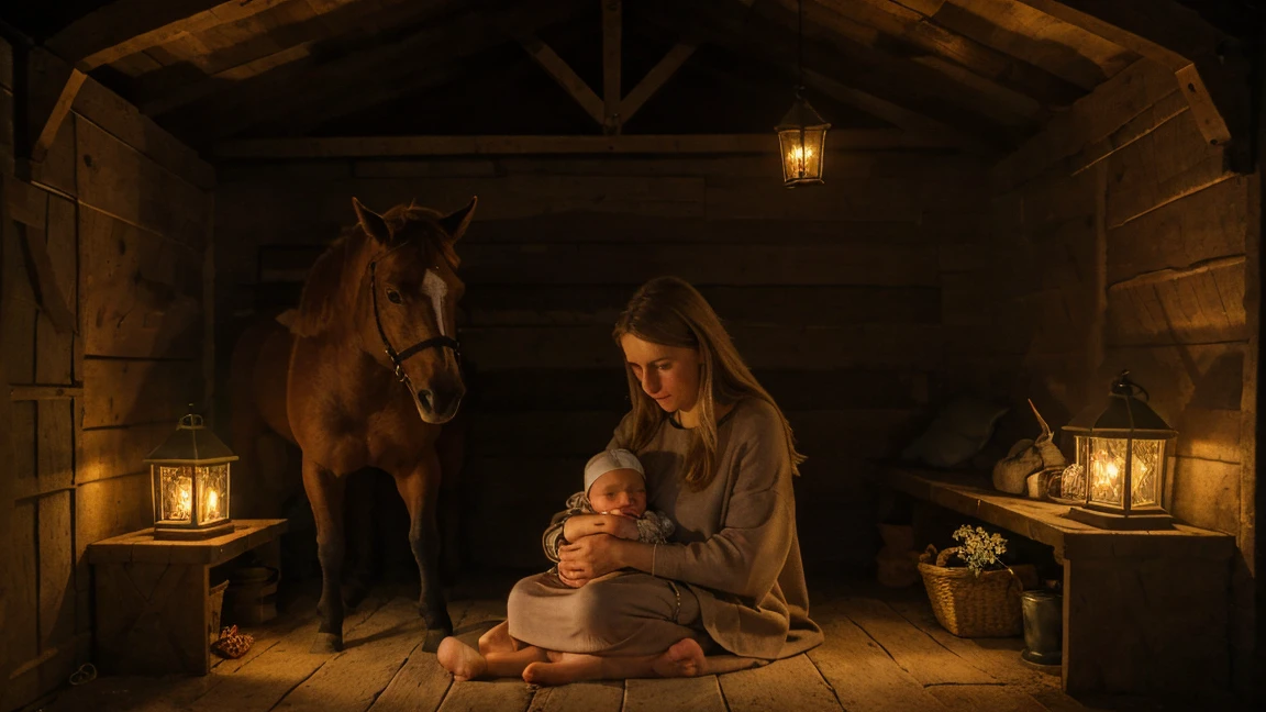 An image of the baby Jesus in the manger next to the animals