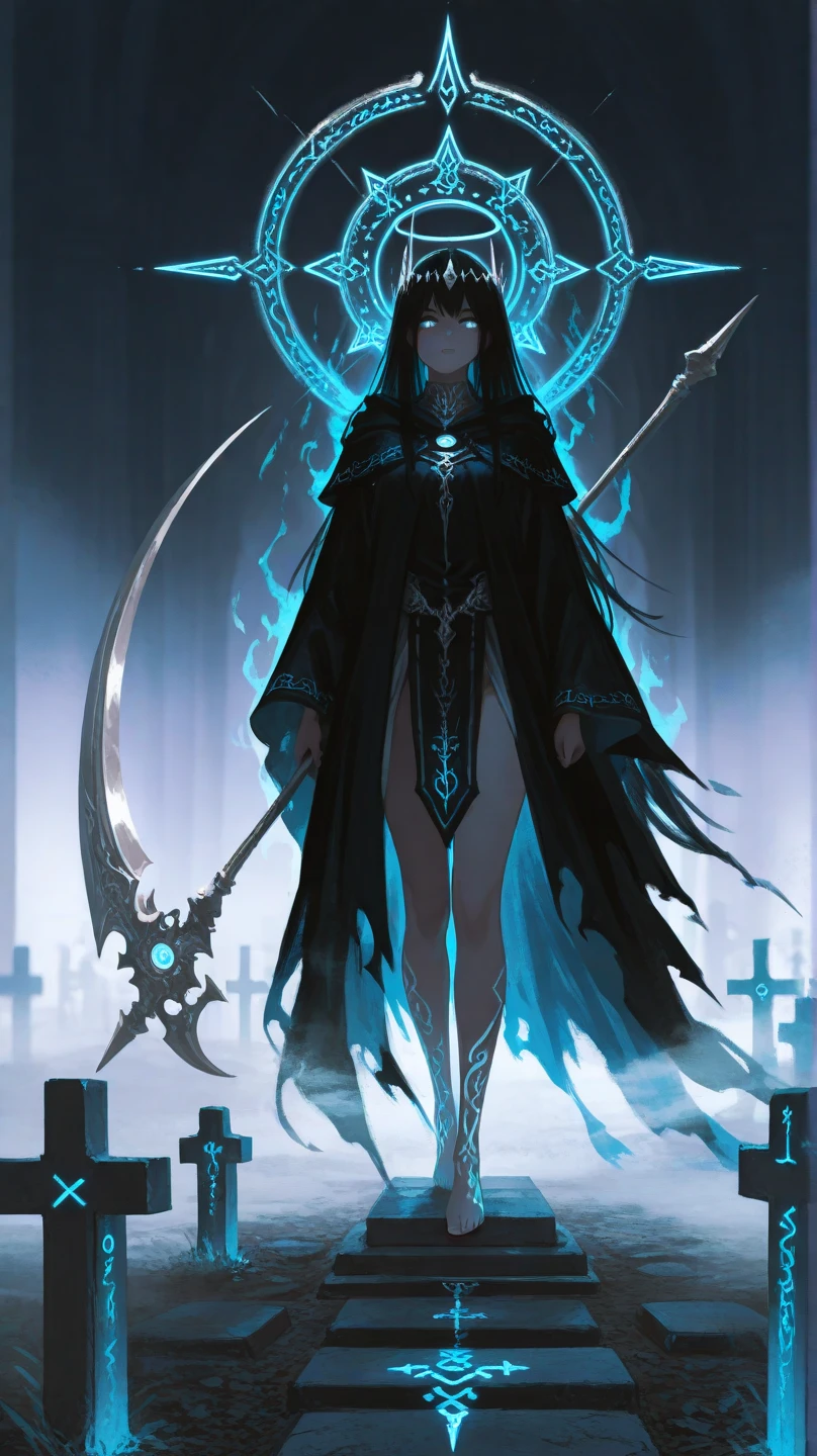 Make it anime-style, high qualiy, longye hair, silver hair, she is sad, silhuette, She is holding in her hands a silver medieval soldier helmet with blue details. She wears a black dress that is all torn up and is barefoot with silver chains on each leg.. The white hair is loose and the eyes are dark red, your thin lips are without lipstick.
