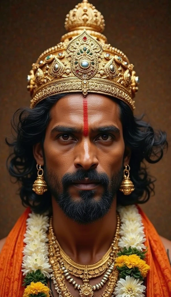 "A regal Indian prince with a serious expression, wearing a golden crown with intricate designs and gems, traditional South Indian jewelry including gold necklaces, earrings, and a garland of white and yellow flowers. He has a red vertical tilak on his forehead, medium-length curly black hair, a well-groomed beard, and rich brown skin. The background is a soft, warm brown with dramatic studio lighting focused on his face. Cinematic style, ultra-realistic, high-detail, 4K, oil painting texture, inspired by Indian mythology, Mahabharata theme."

Style: cinematic portrait, ultra-realistic, oil painting effect
Lighting: warm dramatic lighting, soft shadows
Camera angle: close-up, slightly from the front
Resolution: 4K, high detail
