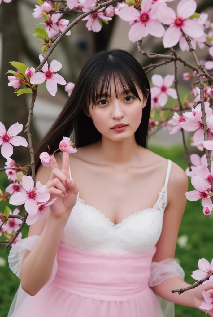 (Emo art:1.6),(8k, RAW Photos, Highest quality, masterpiece:1.3),(Realistic:1.25), High resolution, 超High resolution, dynamic,(colorful:1.35) , Light blooming effect,(Blurred Background), break 1 girl, alone,(Perfect Face:1.2),Representing a beautiful and elegant woman,(Very beautiful woman standing),(Wide Shot:1.2),Big Breasts ,Nipples 、((boobout:1.0)),Intricate details, Adorable, Vibrant, Playful, (Perfect hands, Fine hand, Perfect Eyes, Detailed eyes),(great joy:1.3),(Improve:1.2), (Sunburned skin:1.1),(Realistic Skin and Hair Texture, Beautiful in every detail & Gloss & significantly),(Short, straight amber hair:1.3),(Striped Hair),Long, narrow eyes, Nose face ,Beautifully protruding chin,(High nose),((Long Bangs:1.3)),((full opened pussy:1.0))Enchantingな, Decorated, Charm,Enchanting, Enchantingな, stylish, dizzying,(Healthy Body:1.2), break ((Fancy costumes:1.6),(Traditional kimono with colorful and shiny luxury Japan:1.4),(Luxury Japanese kimono:1.4,Pale-colored Japanese kimono ,Detailed embroidery:1.4)),(Cherry blossom earrings and necklaces、As a hair accessory:1.3),break (Wind:1.4),Browsing Caution:1.0,(Scattering cherry blossoms:1.6),(Cherry blossom trees),(Cherry blossom petals fluttering, SakuraFubuki),(Highly detailed scene background), Blur the background,Mix 4,