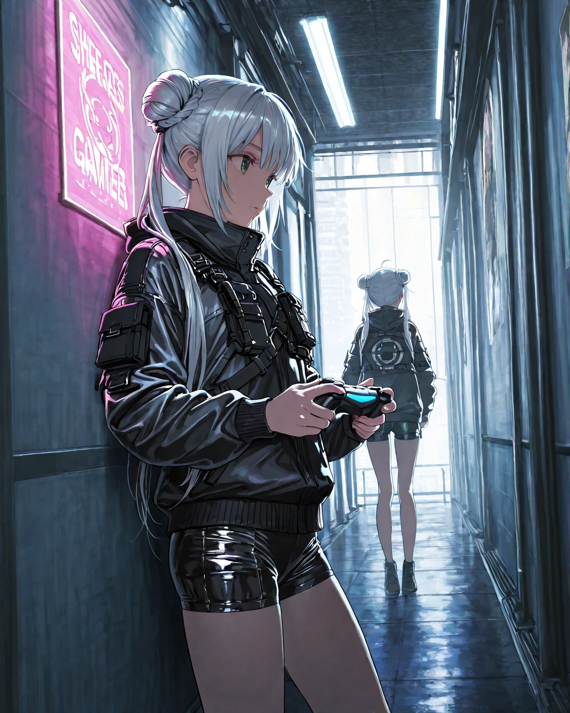 Girl with silver hair tied in two buns, wearing a techwear jacket with fluorescent details and tight synthetic leather shorts. She is standing against a wall full of anime and game posters, holding a controller and looking with attitude. natural light, 4k, high detail, HDR, high contrast, smooth rendering