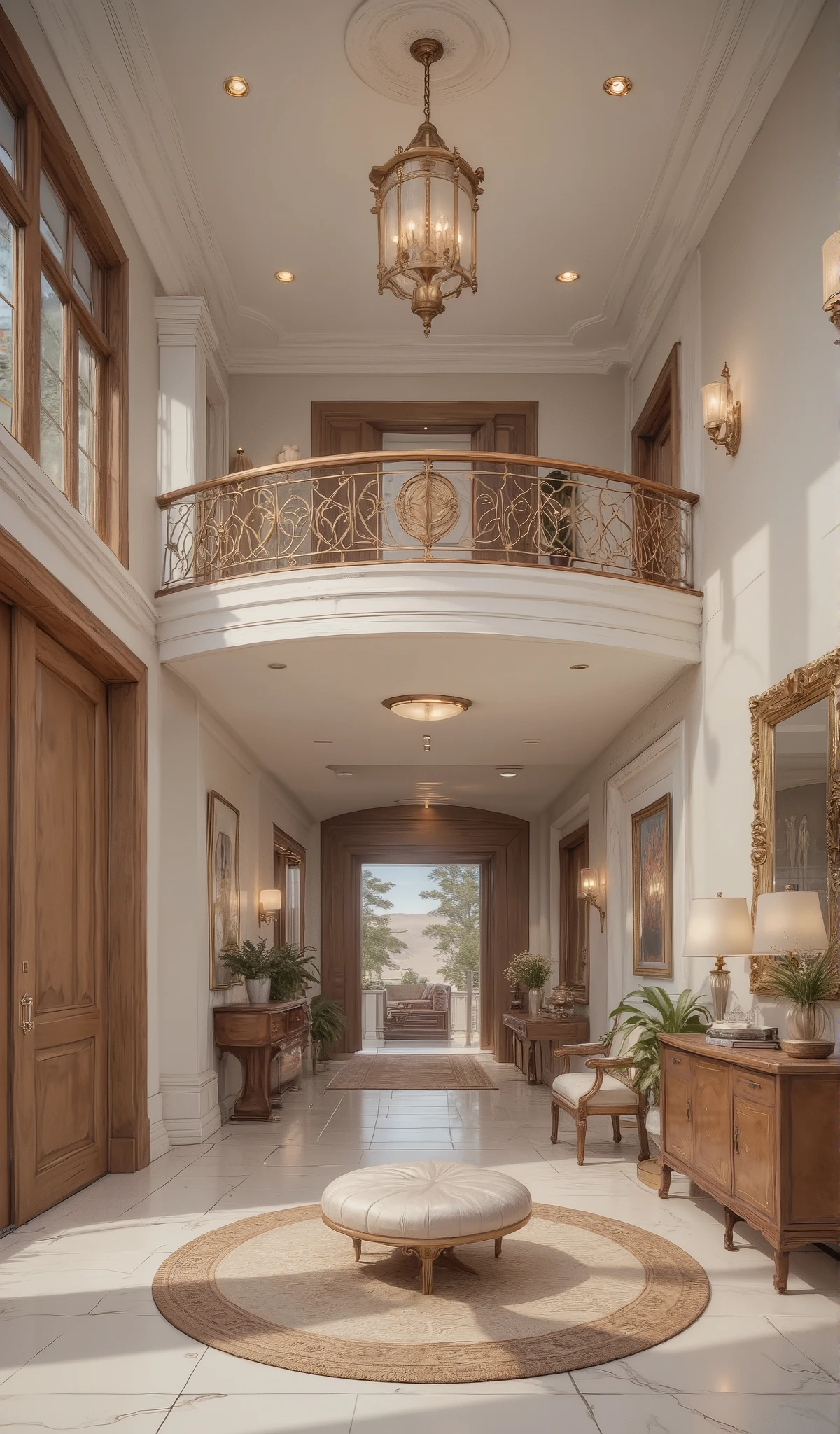 Inside a modern mansion White, Tan, and brown house foyer with a upstairs balcony, banister with high ceiling.