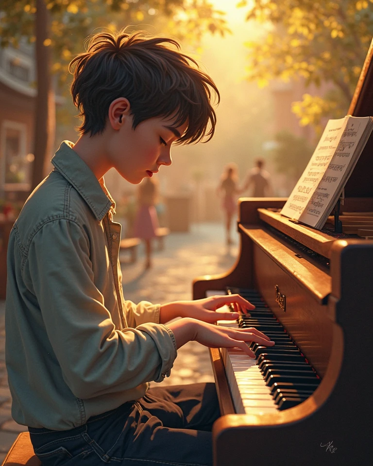 Boy in short sleeves,Play the piano in a wheat field,夏天,Golden sunshine