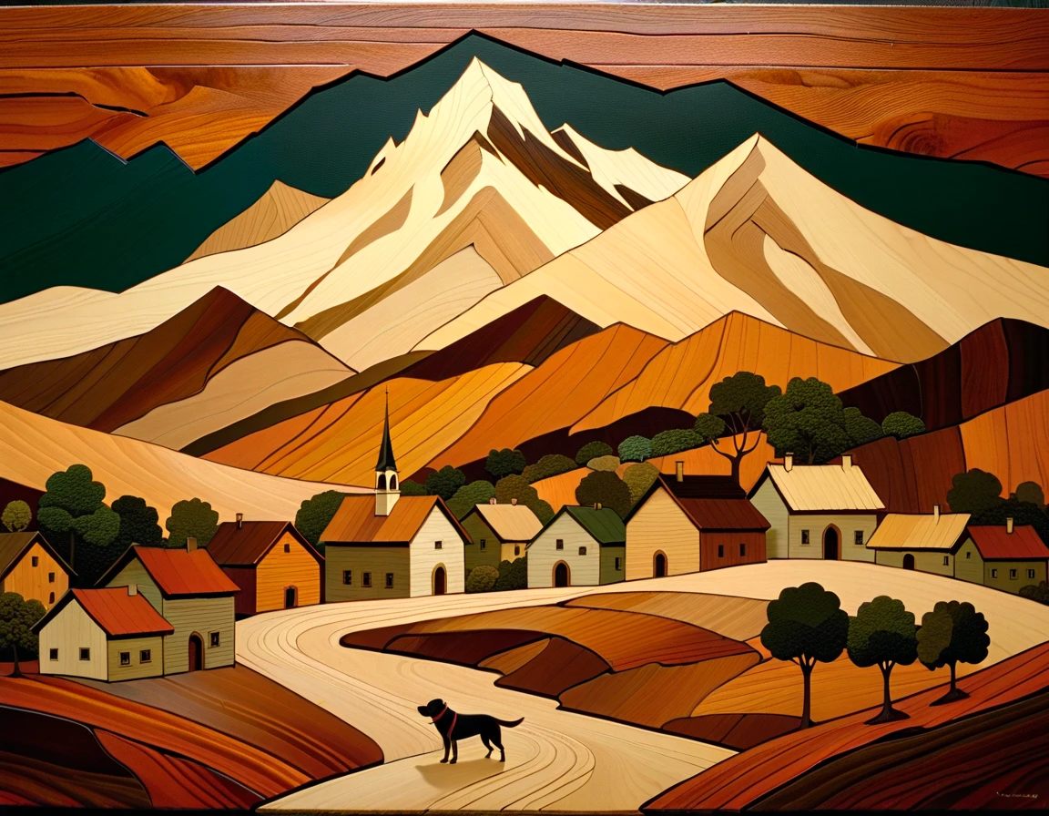 a beautiful marquetry work representing a village at the foot of a mountain, the village has a few small and simple houses and also a small chapel, in the street there is a dog and a cart