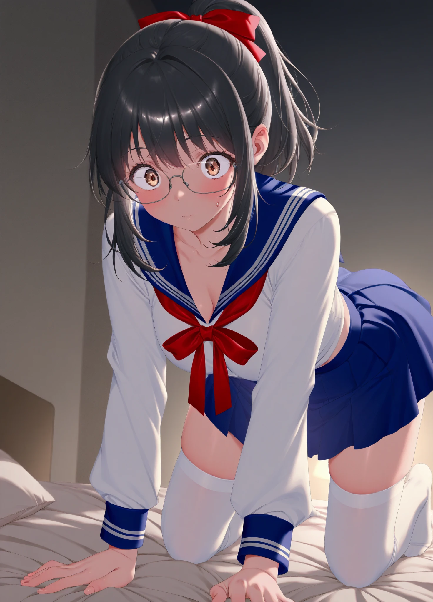 cute little、Amazing beautiful girl, Anime style, 、17 age、on the bed、A dark-haired、Straight hair、Glamour、Colossal tits、de pele branca、wide-open legs、Very embarrassing、red blush。 Best Quality , Textured skin、 high details, High quality,Semi-long hair、No shoes,I can see the belly button、nudde、fullnude,pubick hair、Black short socks、Pubic area、 hair,Open the crotch,、Tsurime,Troubled face、Anime-style eyes,Anime-style nose,Anime-style mouth、lie on one's side、Turn your pubic area towards me、Tears,eye glasses、Sailor Suit Jacket,There are highlights in the eyes、The pubic area is open、I want you to lick my pubic area、I want you to smell my pubic area.Lots of pubic hair、