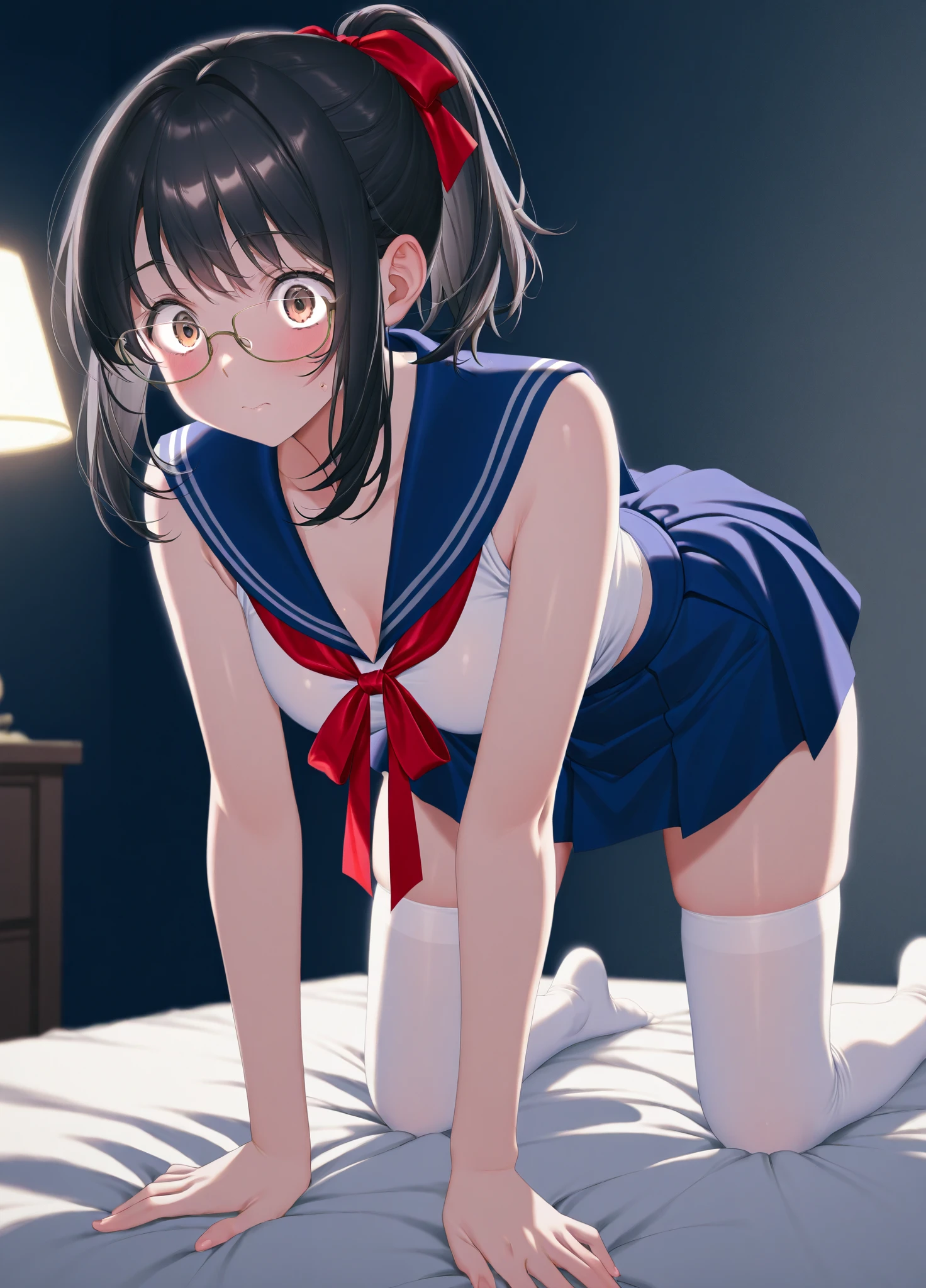 Great illustrations、Detailed illustrations、One Girl、Lying on your back、Raise your arms、Place your arms on the floor、Low pigtails with legs apart、Low Twintails、
Frightened face、Pussy、Pussyの毛、Flip-up skirt、No panties, looking at the camera、Navy blue sailor suit、Black Hair