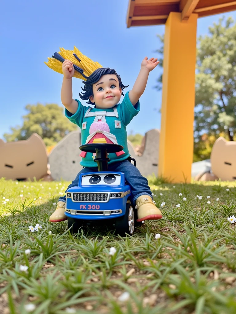 Imagine um menino, masculino, 8 anos de idade, brincando em um parque, expression of happiness, usando camisa azul Royal, segurando um carrinho de brinquedo vermelho, alta resolução, rico em detalhes, obra prima, melhor qualidade