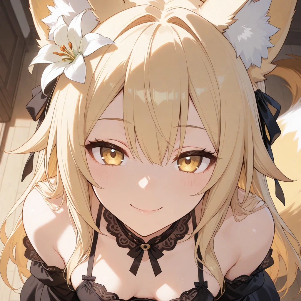 1 girl, Fox ears, big breasts, Blue eyes, Smile, heterochromia, bright pupils, the forest, long hair, blonde hair, Dress-Vyshivanka, large dilated belly