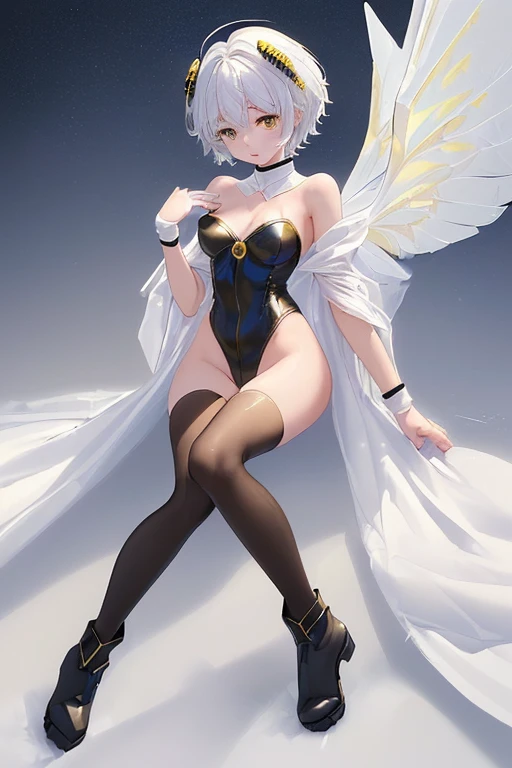 NSFW、Highest quality、(Bunny girl)、tights、High heels、Glossy Bunny Suit、Sitting on the floor、((Spread your legs wide))、Show your crotch、No background、Silver short hair、Beautiful Eyes、Beautiful Face、Delicate eyes、((Love juice overflows from the crotch))