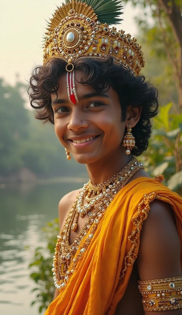 A boy with a Tilak on his forehead is playing the conch shell and is wearing saffron clothes 