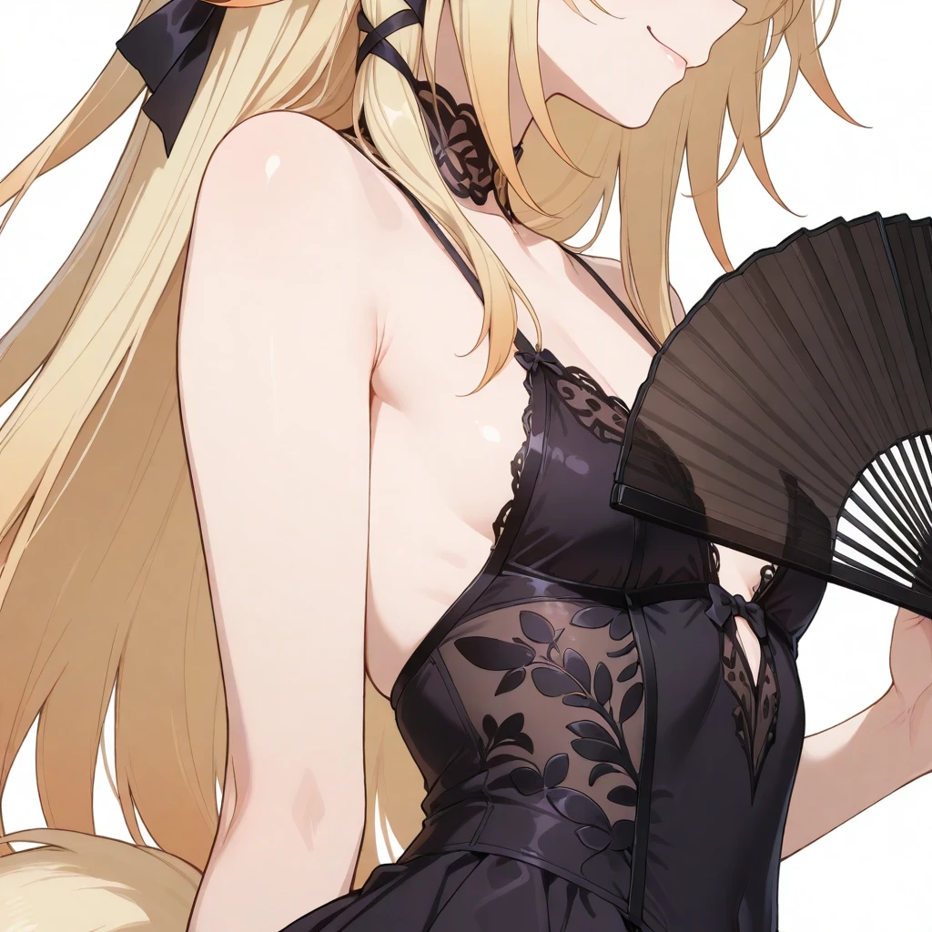 (1girl,20 years old,mature female),blonde hair,long hair,white dress, sleeveless,black bow tie, bare shoulders,smile,cleavage,pantyhose,evil smile,teeth((white background)), aesthetic, detailed, beautiful color amazing quality, best quality, high quality