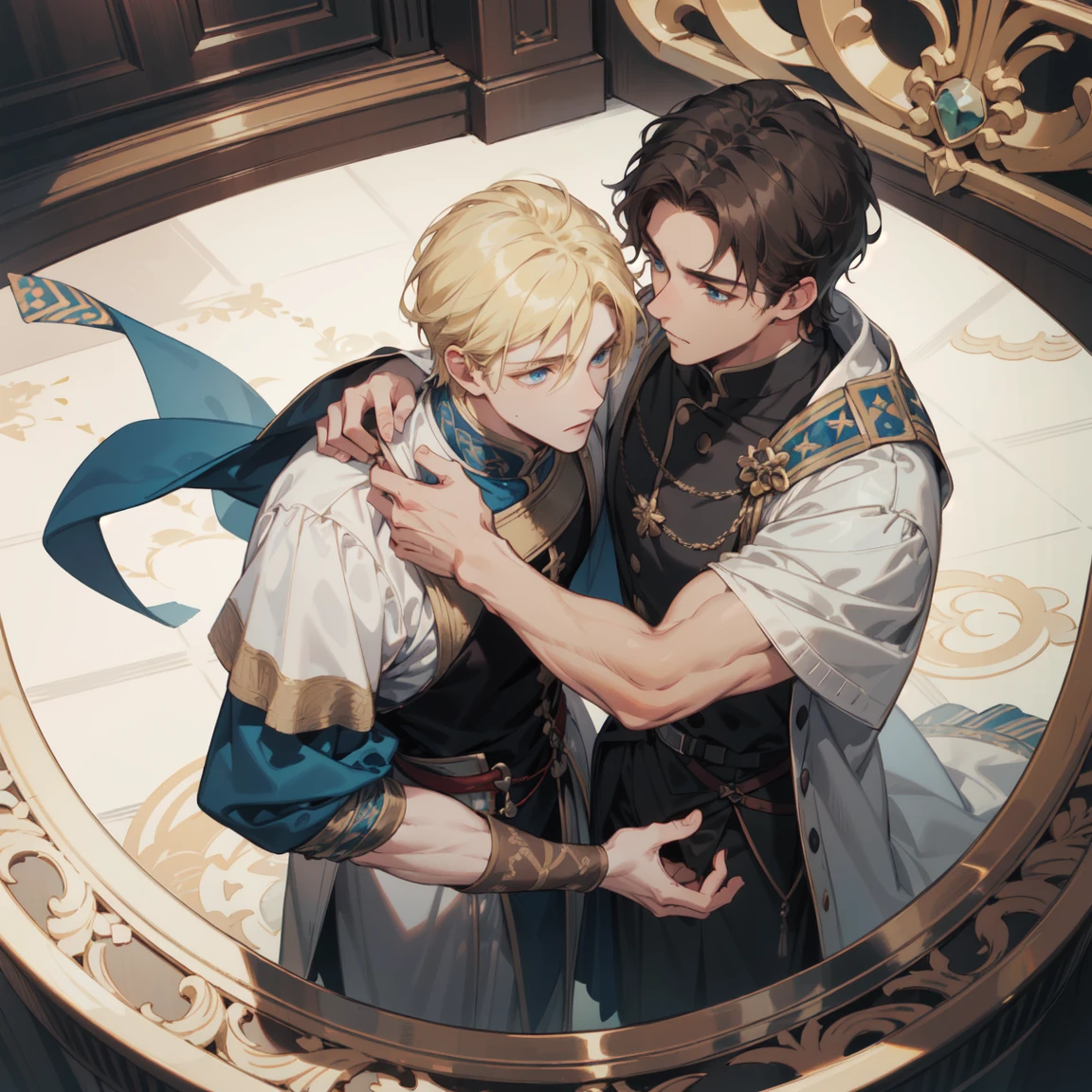 Make me a blond man wearing the robes of a Greek god He was Cupid so Make him with a grand, golden bow with heart details He will follow a clasp whose tip has a golden heart
