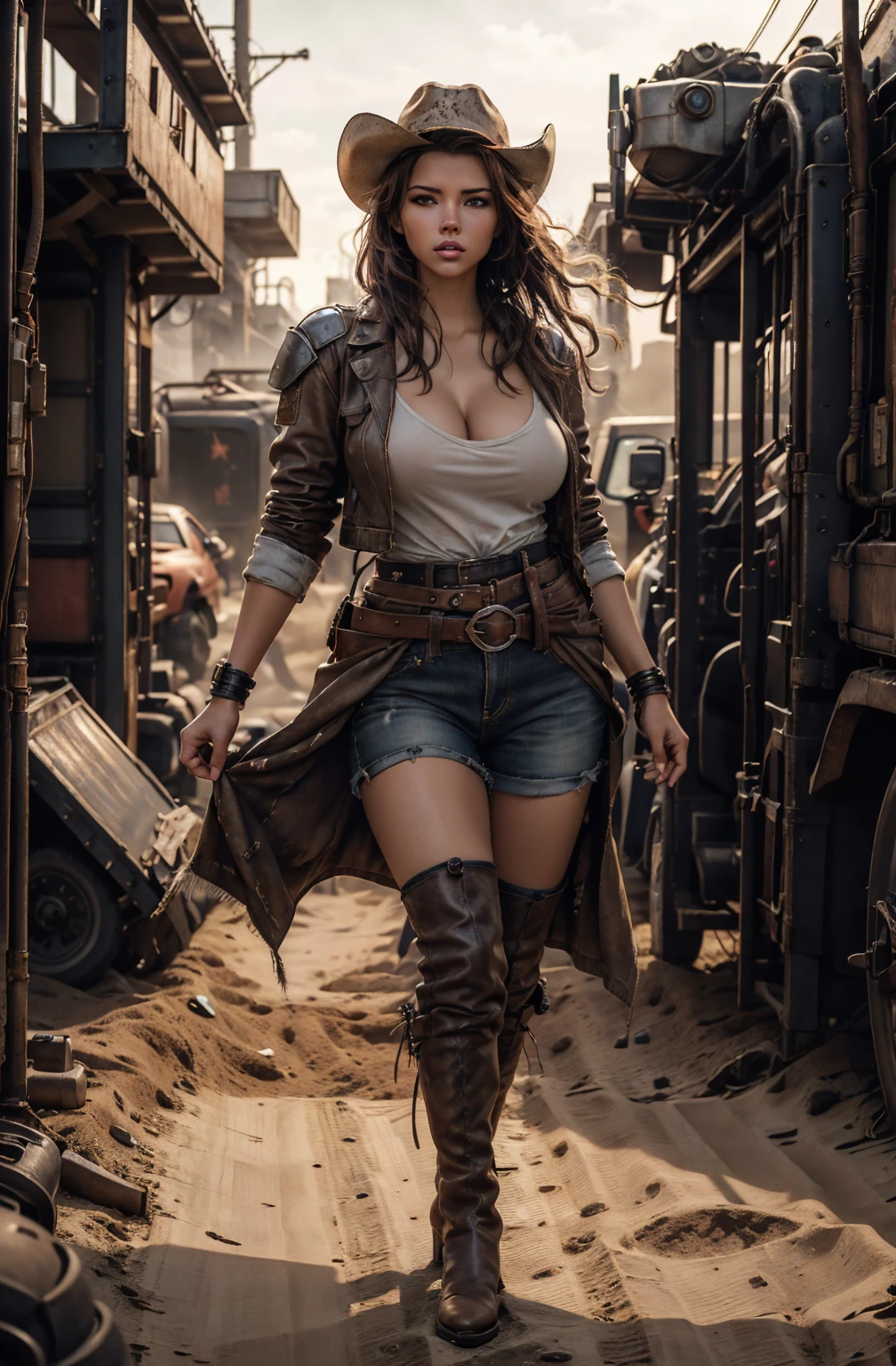 (Realistic, Photo Realistic: 1.4), UHD, Extremely Refined and Beautiful, Amazing, Fine Detail, (Best Illustration), (Best Shadow), Intricate, 1 girl,  woman trucker, very , brown hair, armored duster coat, cowboy hat, cowboy boots,  cowgirl clothes,  post apocalyptic mechanic, tool belt,  engineer posing with truck, dynamic effects, wasteland engineer, closeup, a beautiful mechanic, trucker woman, as seen on artgerm, extremely detailed artgerm,  female engineer, brown haired goddess, full body pose, , space dock, beautiful scenery, wind in the hair, best quality, charming, lovely, cinematic lighting, masterpiece, super detail, 8k