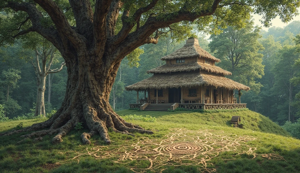 A distant view of a rustic sacred house at the edge of a dense forest, a monumental fig tree beside it. Around the tree and on the house are delicate yet intricate esoteric symbols representing transformation, unity, and inner realms — drawn with natural pigments, carved into surfaces, and forming patterns in the grass. The scene is peaceful, mystical, and charged with spiritual meaning. No characters.