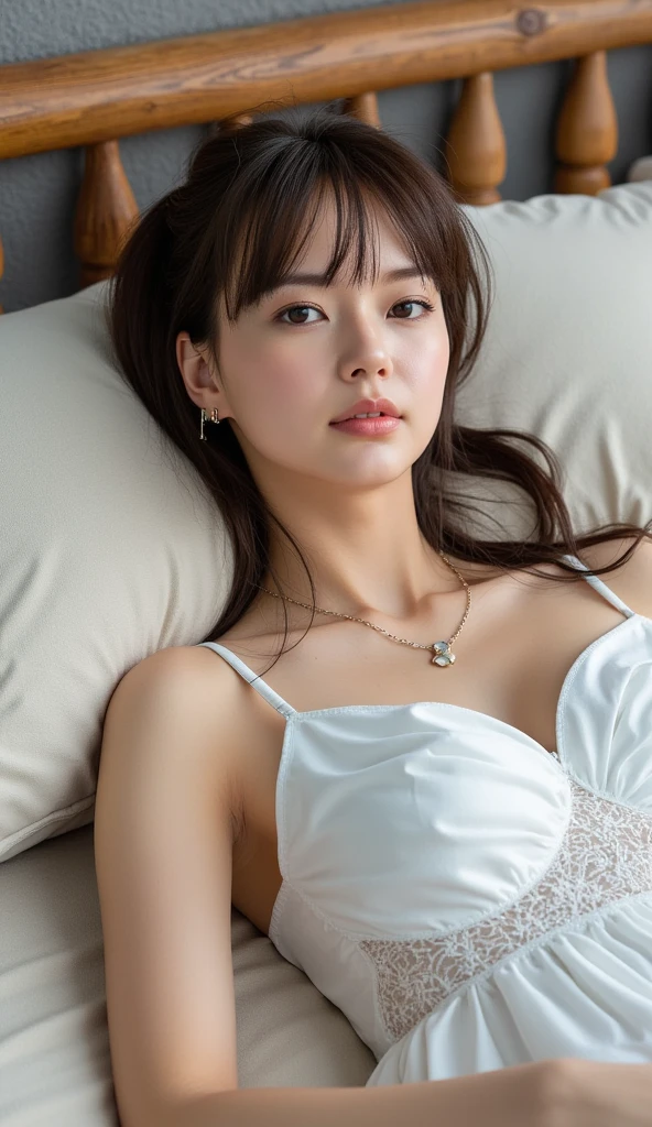 (highest quality、detailed、8K、masterpiece、Shot with a high-end camera)、cute japanese woman、Tremendously large breasts、Muchimuchi、garter belt、((lie down、spread your legs))、Dull eyes、bed、A little dark
