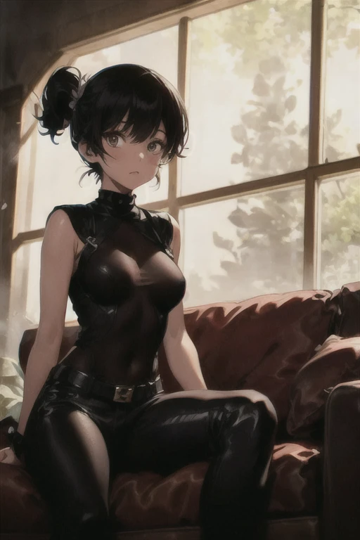 Cute girl, short curly black hair, round glasses, brown eyes, small breasts, leproed underwear with black straps, 