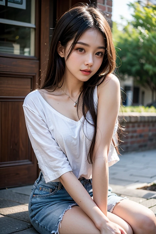 20 years old woman, Chinese-English mixed-race,Big Beautiful, (Asian beauty) Thick lips, full pouty lips, Detailed lips, Detailed eyes, She wears a loose shirt,Harnes,Ultra shorts,hot pant,slippers,)) Stand by the beach, china town, 8K of bend, analogue style (view the viewer:1.2) (Skin texture) (filmgrain:1.3) Curvy figure, Detailed eyes, full pouty lips, highly detailed image, Highly detailed hands, Highly detailed toes,8K, Digital SLR, (Realistic: 1.3), (Skin with real texture quality: 1.4) (curves) Photorealistic, Realism, Realistic, (photorealistic skin tone) pores, skin spots, Detailed skin (the setting sun) a variety of poses, Pose at random, Perfect anatomy, ((slob))Raise both hands,unwind,liberta,Lazy,Standing or sitting lying down