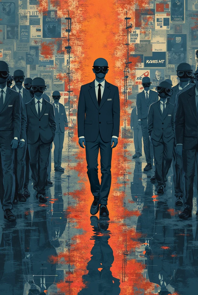 **Visual concept:**
1. **Collage-like composition** that shows:
   - A multitude of identical silhouettes (representing the " Das Man ")
   - A central figure blurred between mobile screens, social media icons and consumerist messages
 - A broken mirror reflecting the main figure (symbol of fractured authenticity)

2. **Graphic style:**
   - Vector illustration with cool tones (blues,  gray ) for mass
 - Warm (oranges) for digital distraction elements
 - Texture of "pixels" touches or interference in some areas

3. **Key elements:**
   - Circular arrows representing inauthentic routine
 - Elongated shadow of the main figure formed by binary codes
 - Overlapping phrase: "Authentic or performative existence?"

**Alternative approaches:**
1. **Theater metaphor:** Character removing masks that reveal other masks under them, with an audience consisting of high-quality digital avatars.

2. **Mirror Labyrinth:** Where reflections show distorted versions of the subject, with advertising signs like walls.

**Recommended Format:**
 - Dimensions : 1200x630 px (ideal for networks)
 - Format : JPEG or PNG
- Color palette: Degradé de blues profundos a  gray  metálicos, with neon