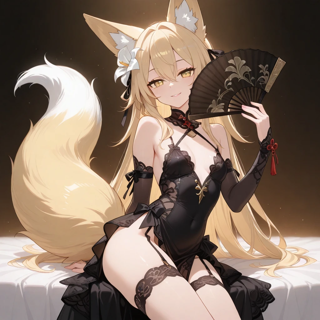 Master piece,full resolution ,High definition,Only adult girl,anime fox girl,animal ears,fox ears,black hair,middle hair,medium hair,mushroom hair style,aquamarine green eyes,smile,large breast,beatifull breast,,sexy ,smiley mouth,blackmaid dress,two sword,white top dress,black bottom dress,middle dress,,blonde fox tail,one tail,white tail, thigs,black legs,black panthythose,crossed legs, sexy pose,full body,full anatomy,complete body