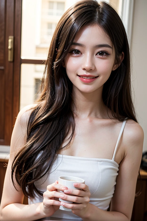(Best quality at best, A high resolution, ultra - detailed, actual:1.1), girl, beautiful detailed face, long whitr hair, interior setting, bokeh, beautiful light up, Glowing skin, small heads, Smiling, Dinner, Holding a mug
