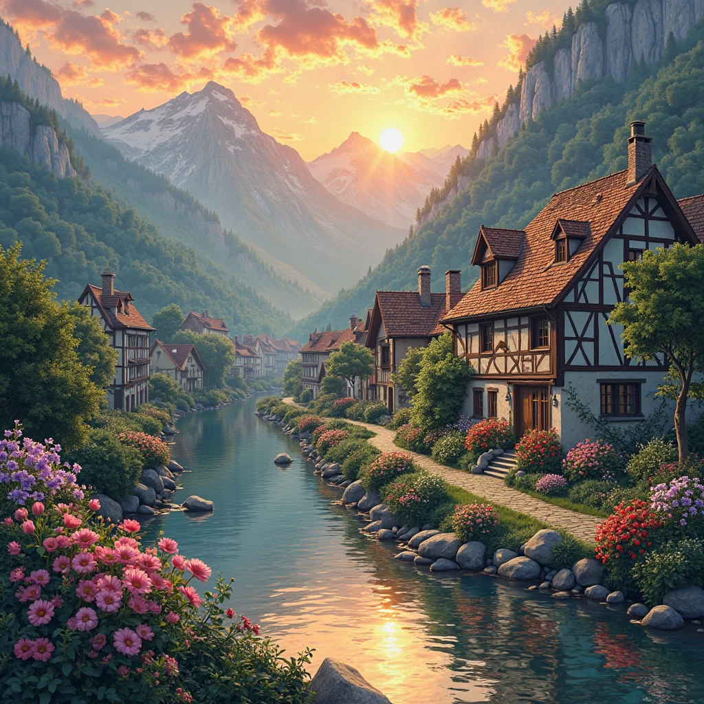 A small village by the river, mountains in the background, colorful flowers, detailed landscape style, beautiful natural scenery, atmospheric lighting,  scorching sunset ,  warm colors, practical, photographic, detailed foliage, complex buildings , cobblestone street, charming country house, vibrant colors, lush vegetation, reflections in the water, pitoresco, idyllic, work of art, Best Quality, 8k, extremely detailed, anime style