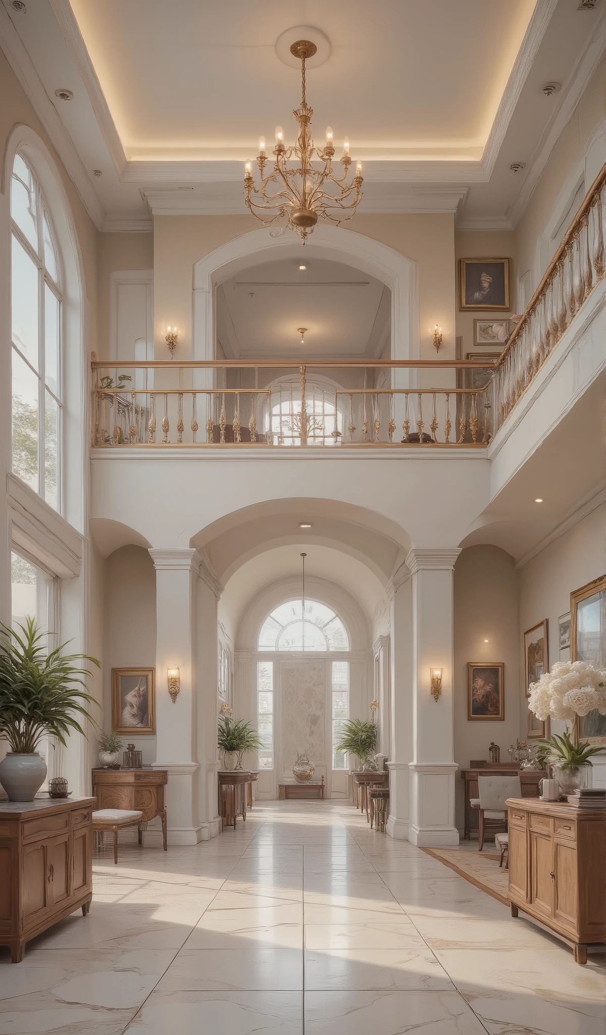 Inside a modern mansion White, Tan, and brown house foyer with a upstairs balcony, banister with high ceiling.