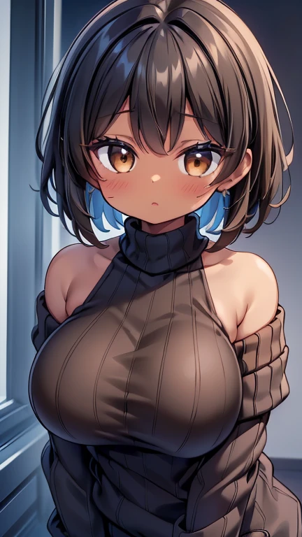 (best quality), (Super detailed), (Best Illustration), (nsfw), (1woman), (Ahegao:1.2), look at viewer, (turtleneck), (Big Tits:1.2), {brown hair, (bob cut:1.2), curly hair, hairs between eyes}, {(detailed eyes), heart-shaped pupils, blue eyes}, sweat, steam, girl trembling with sexual climax,