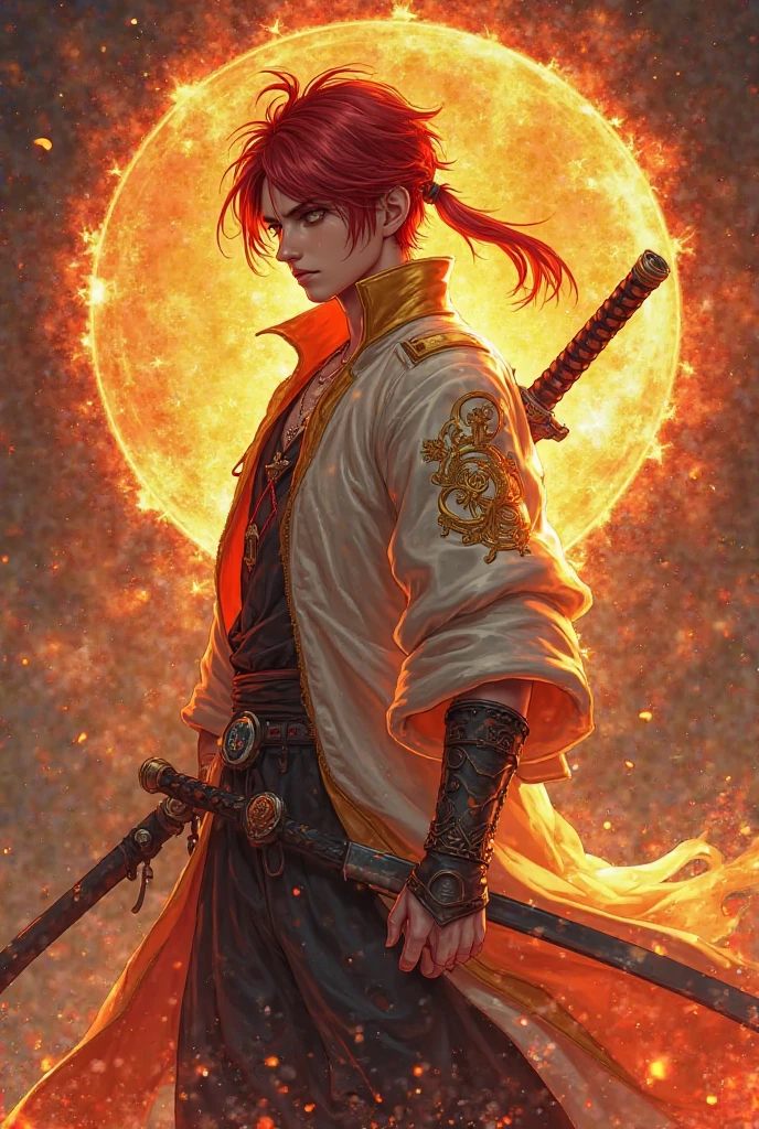 to design a game logo，which contains a handsome male ninja god in a gold and white jacket, with red hair, holding a katana, dressed like a god in heaven, with an orange shadow, There is a neon light on the back.\n with flame-releasing eyes and an active demon ninja .
with a fire dragon on the back. 