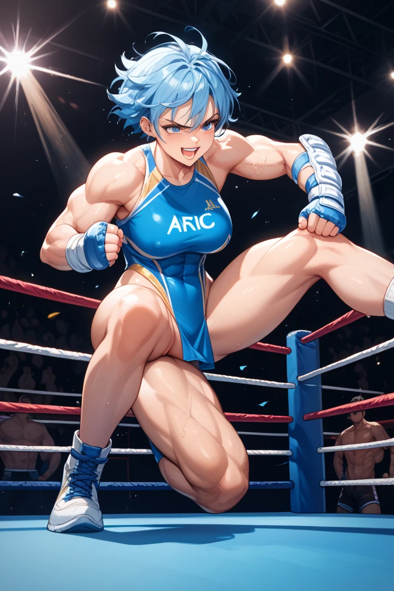 masterpiece, best quality, shanna, short hair, headband, fates maid, ((Tight leotard)), ((sexy pose)), ((Wrestling ring)), smile, closed mouth, from above, balled fists
