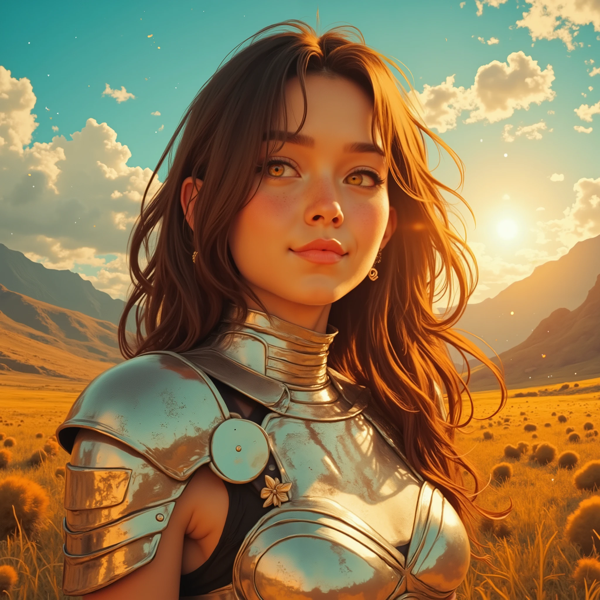 A beautiful 22-year-old woman with long hair and a serious expression, her smile is shy. She wears a modest radiant white metallic armor. The background is a vast valley with a splendid midday, the sky is a brilliant blue with golden lights, creating the sun illuminating her skin from the front. The overall atmosphere is nostalgic and enigmatic, evoking a sense of longing.