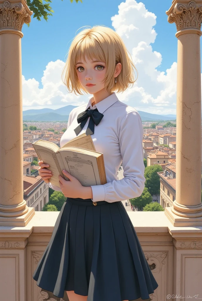 A girl standing on a roman balcony, penthouse, overlooking rome, roman pillars,  bobbed blond and curly hair, wearing a school drees, holding books, 