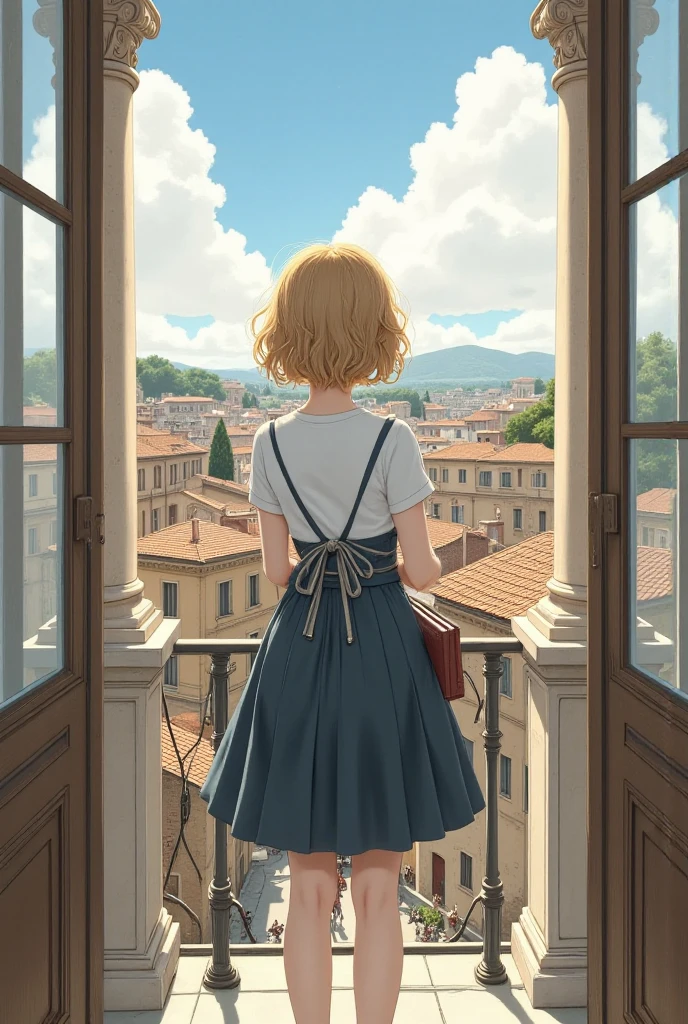 A girl standing on a roman balcony, penthouse, overlooking rome, roman pillars,  bobbed blond and curly hair, wearing a school drees, holding books, 