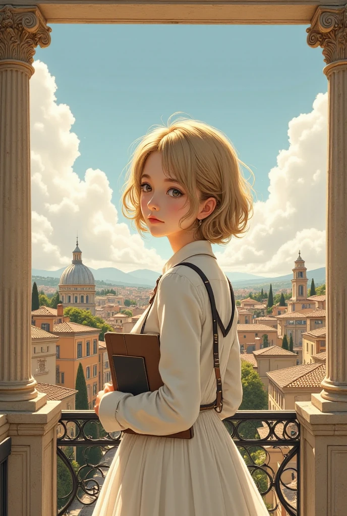 A girl standing on a roman balcony, penthouse, overlooking rome, roman pillars,  bobbed blond and curly hair, wearing a school drees, holding books, 