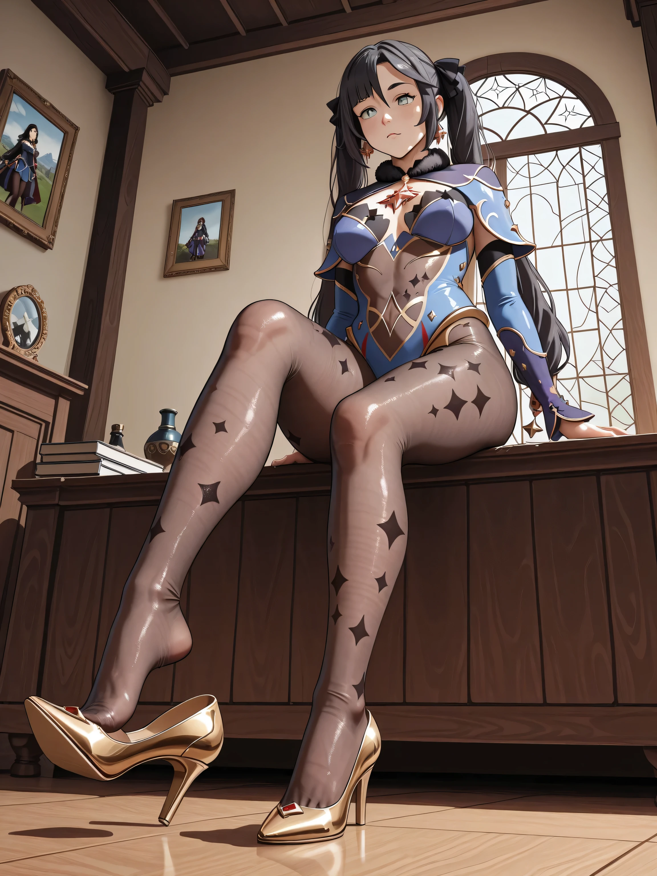 adult mature Mona:1.0, Mona outfit:1.0, Mona golden shoes:1.0, translucent pantyhose:1.0, translucent bodysuit, shoe dangle:2.0, amazing details, perfect face, shot from her feet, amazing angle, perspective, magical background