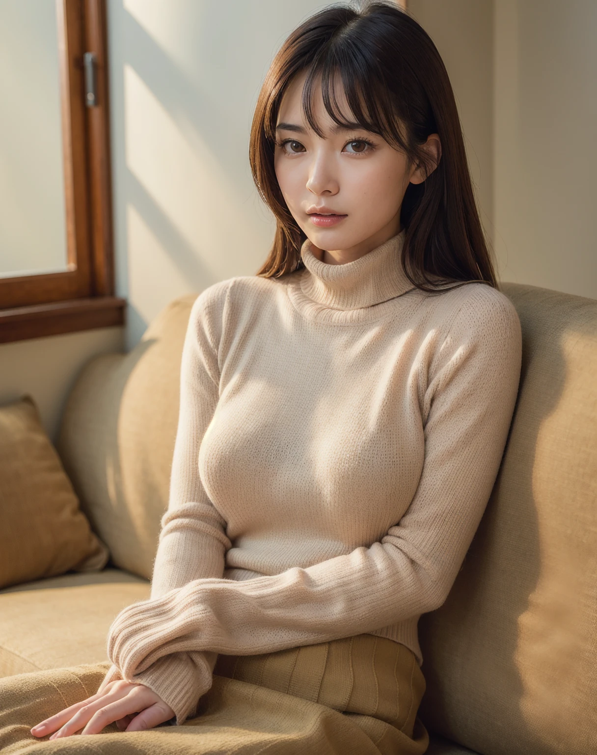 top-quality、Top image quality、​masterpiece、fully body photo、25 years old women、dark brown medium wavy hair、bangss、Beige turtleneck sweater、long flare skirt long boots、Black stockings、Big breasts,、laying on a couch、((Open knees、Open both knees、Lifting the skirt with your hands、Show panties))、Pink panties are visible、((Puffy nipple))、soft boob、、Kamimei、 Shy laughter、Hotel room with sea view