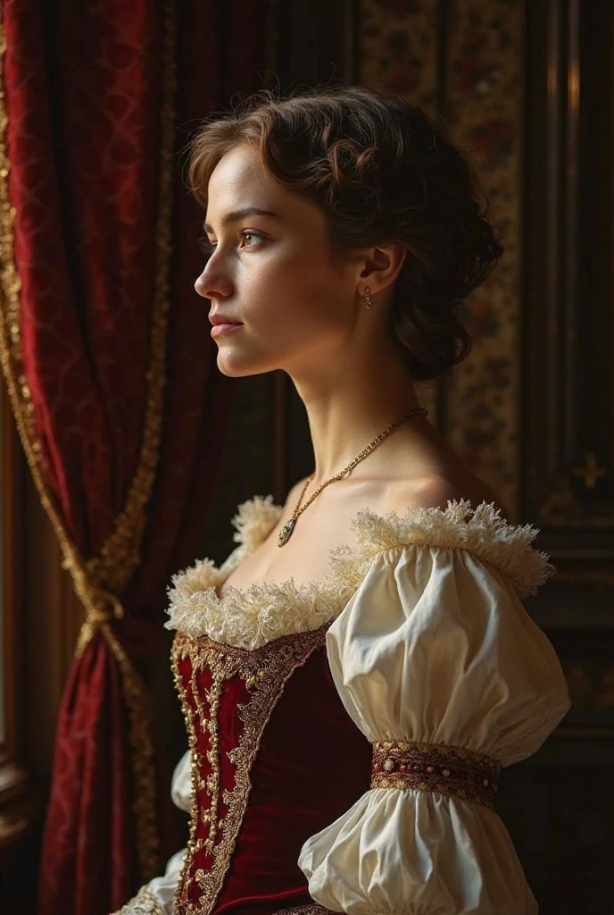 A young woman with short hair , slightly undulating, appears in profile pose looking to the left. Her face has delicate features, with a serene and contemplative expression. Her dress is in the baroque style , wearing a period dress that includes elaborate lace, gold embroideries and domed sleeves. The dress has rich tones such as burgundy, ivory and gold .

The background is loaded with elements of the baroque style co: heavy velvet curtains , ornate columns and a theatrical touch with chiaroscuro lighting , where light falls intensely on her face and part of the dress, leaving the background partially shaded. The atmosphere is dramatic, as in a classic oil painting from the 17th century , with a warm and deep palette/Imagine (Baroque style)