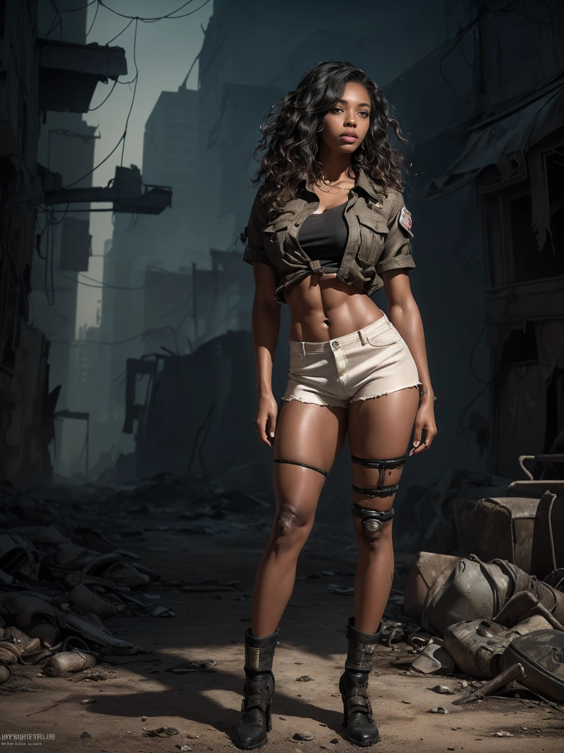 ((21-year-old))) black girl, (Post-Apocalyptic Wasteland background:1.5), (((light skin))),(muscular body:1.5), ((( full body pose))),  (((long wavy black hair))), (((silk thigh highs with skimpy shorts))), (((wearing post-apocalyptic clothing, short sleeve white shirt, unbuttoned half way))), African tribal tattoo sleeve, dark fantasy art, Rich, Deep Colors, (intricate details), (HDR, hyper-detailing:1.2), (natural skin textures, hyper realistic, soft light, Sharp),()