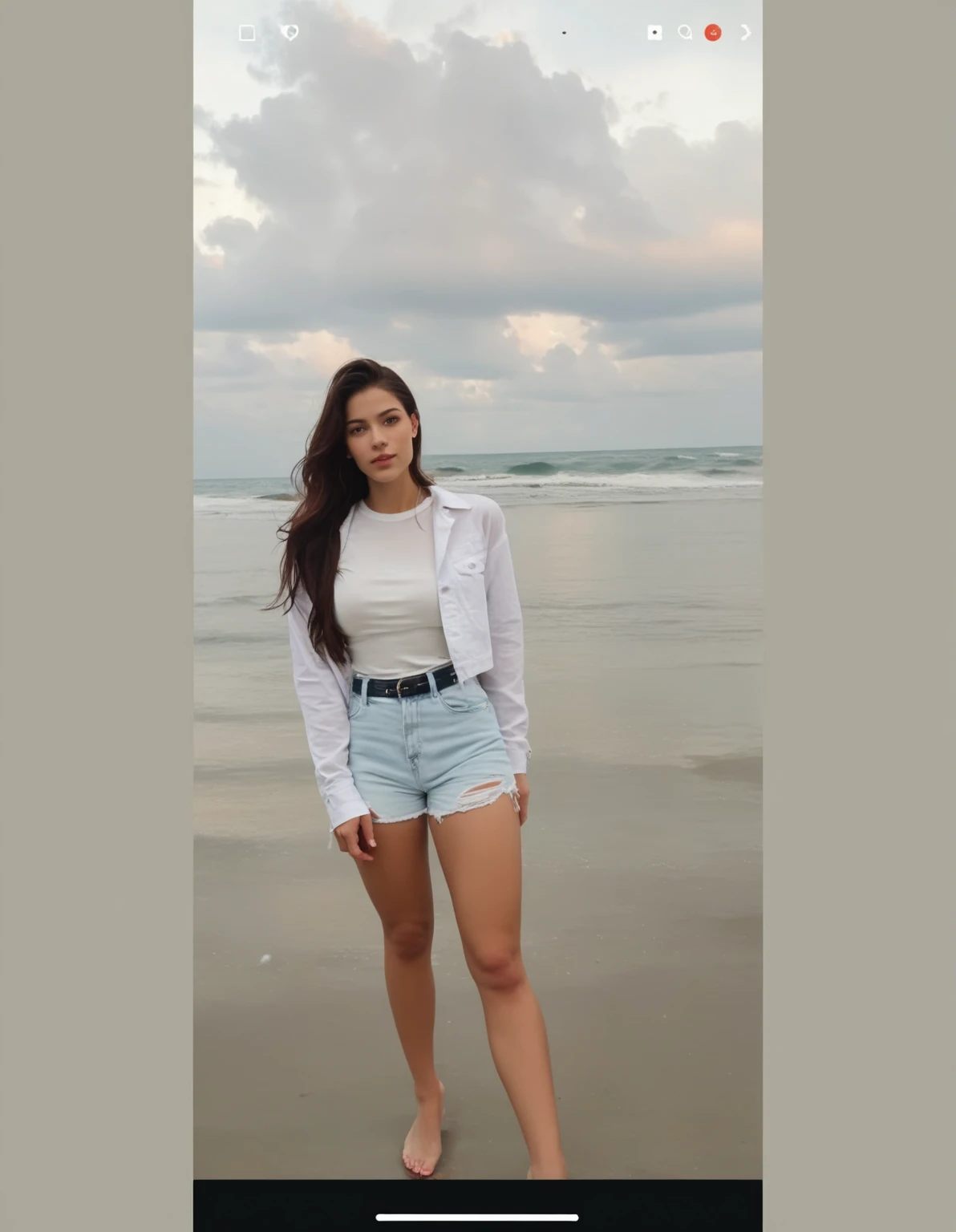 Kpop idol surfer dancing, surfing, full body, day light, Gopro view, carving through the wave tube, ocean, wet body, wet hair, wet clothes, wet white tshirt, photorealistic, masterpiece, detailed face, goddess-like happiness, intricate details, petite, broad lighting, natural shading, no make up, out doors, sun shine,