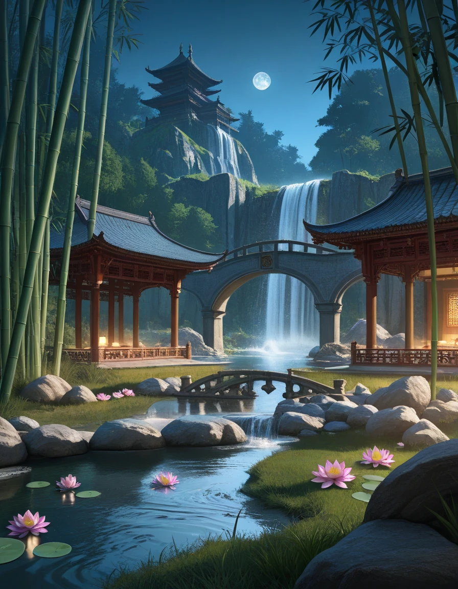 Ancient Chinese architecture, moon, midnight, garden, bamboo, lake, stone bridge, rockery, arch, corner, tree, running water, landscape, outdoor, waterfall, grass, rock, water lily, hot spring, water vapor, (Illustration: 1.0), Epic Composition, Realistic Lighting, HD Details, Masterpiece, Best Quality, (Very Detailed CG Unity 8k) --v 6