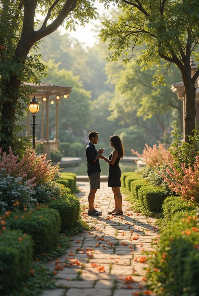 image of two silhouetted figures - one representing Anne and the other representing Marco - standing in a tranquil garden, com um convento ao fundo. The sky would be painted in shades of purple and pink, suggesting a romantic and dramatic sunset. The figures would be holding hands, with an expression of longing and tenderness in its contours. The title of the book, "Entre o Sagrado e o Proibido", estaria escrito em letras douradas e elegantes, em destaque no topo da capa.