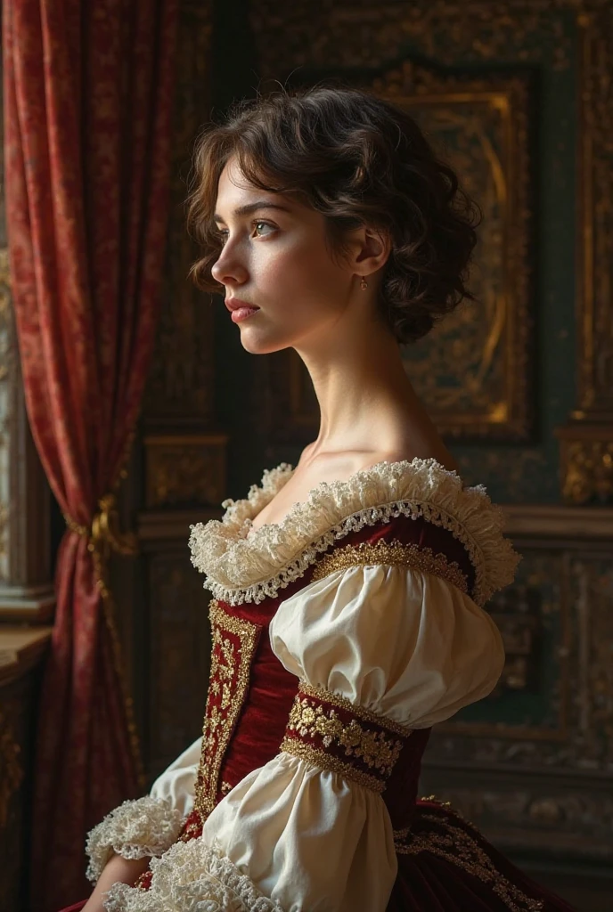 A young woman with short hair , slightly undulating, appears in profile pose looking to the left. Her face has delicate features, with a serene and contemplative expression. Her dress is in the baroque style , wearing a period dress that includes elaborate lace, gold embroideries and domed sleeves. The dress has rich tones such as burgundy, ivory and gold .

The background is loaded with elements of the baroque style co: heavy velvet curtains , ornate columns and a theatrical touch with chiaroscuro lighting , where light falls intensely on her face and part of the dress, leaving the background partially shaded. The atmosphere is dramatic, as in a classic oil painting from the 17th century , with a warm and deep palette/Imagine (Baroque style)