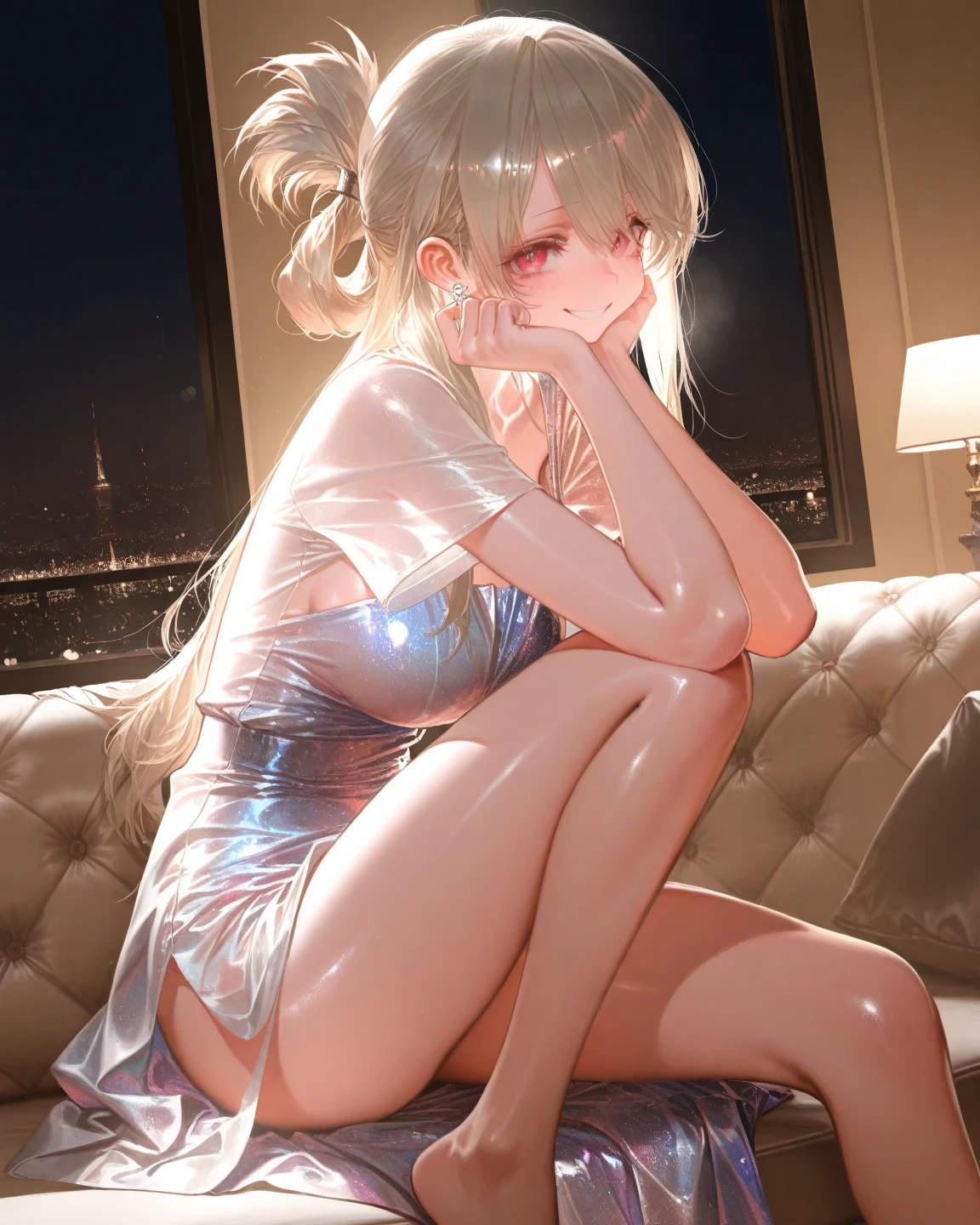 , perfect lighting,HDR, ultra resolution , very detailed, masterpiece, ultra quality, 4K HD,noelle silva, wearing silver dress, Bedroom at night,lights turn on, lying on bed, drunk, blush on face,closed eyes,smiling,silver heels,silver stockings,silver armstockings